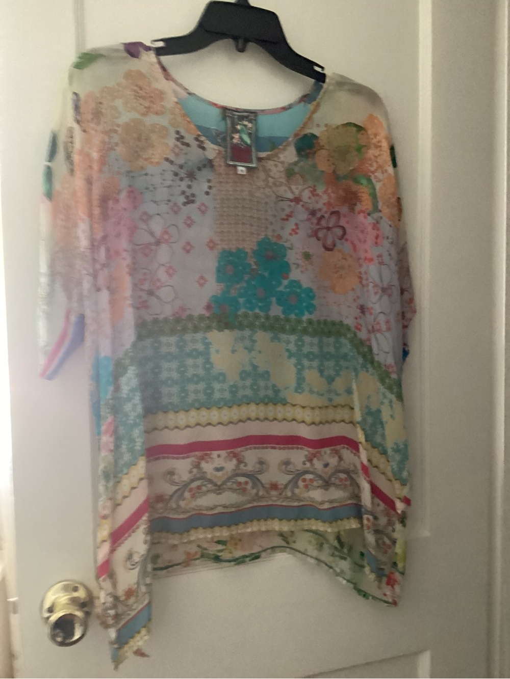 Johnny Was Sheer Floral Patchwork Tunic in Aqua, Peach, Pink, Cream